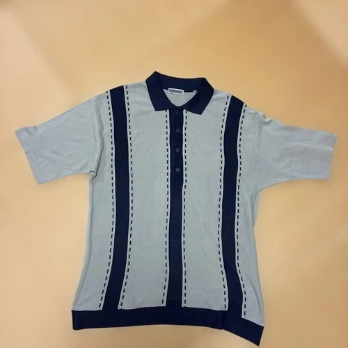 Vestopia Knit Polo Shirt L Size Gray Navy Stripes Button Design image 2