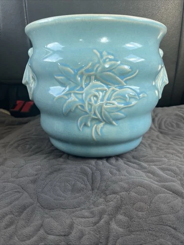 Vintage McCoy Pottery Planter Jardiniere Cachepot  Ribbons Tassels Handles Aqua