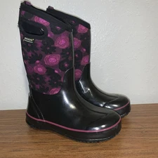 Bogs Boots Youth Size 2 Black Purple Classic Watercolor Waterproof Floral Winter