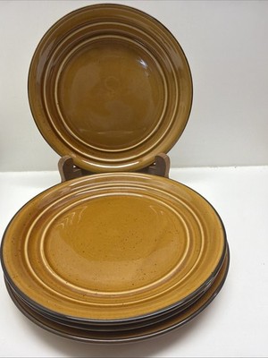 4 HOME TRENDS DINNER PLATES - SET OF 4 - BROWN CONCENTRIC RINGS BROWN TRIM 10.5