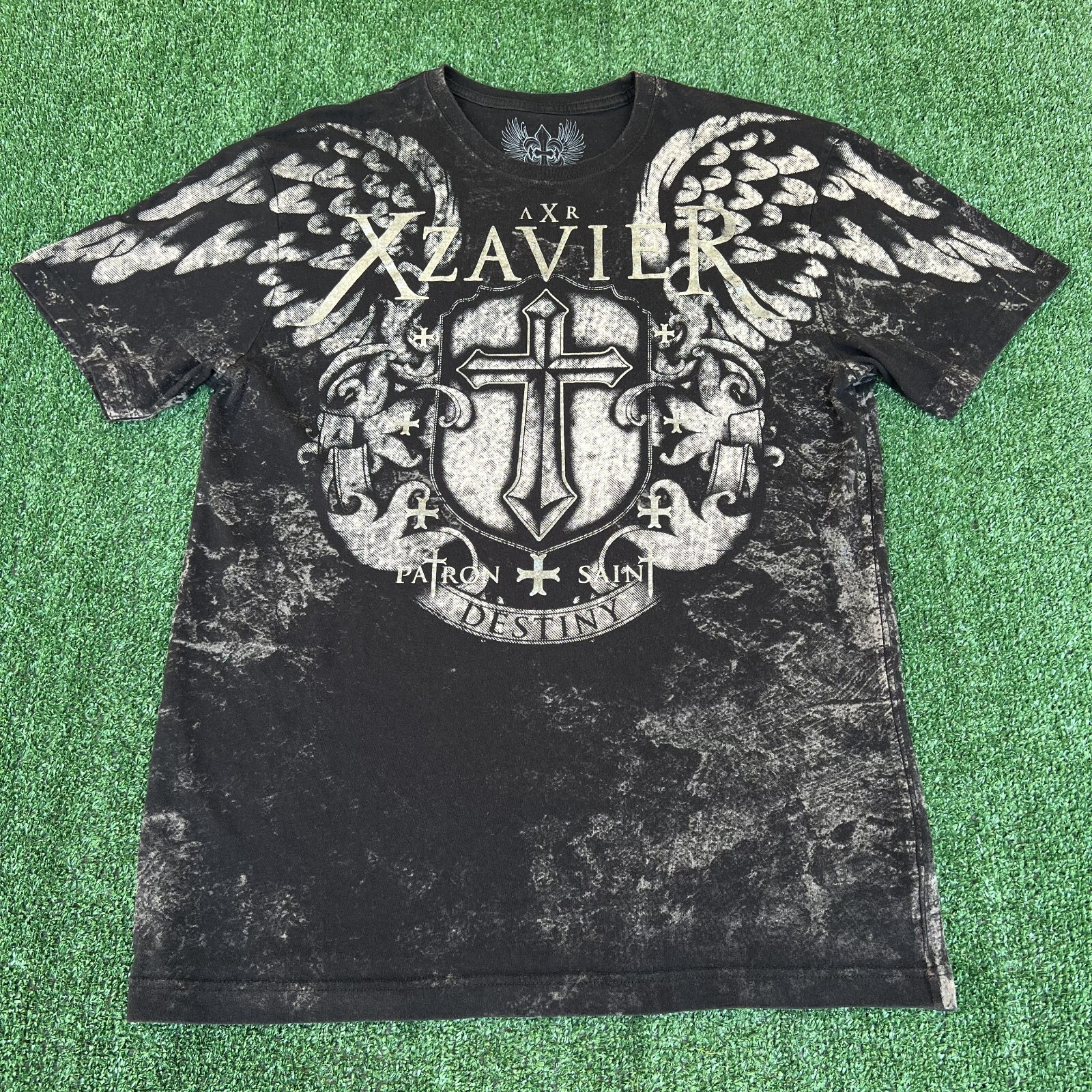 Men's Y2K Xzavier Black AOP Angel Wings Cross Aff… - image 1