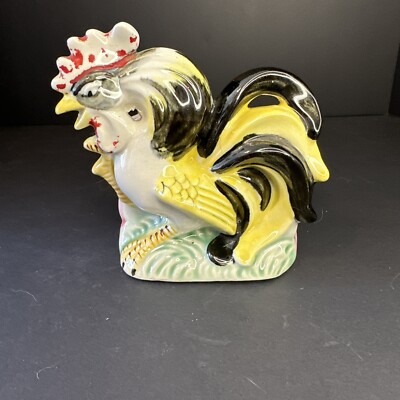 Vintage Rooster Planter - Black Yellow - Pink Well Stone - 5380 - Unique - MCM