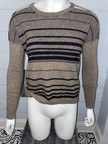 Quinn 100% Cashmere Soft Sweater Crew Brown / Cream / Black Strip Size XS
