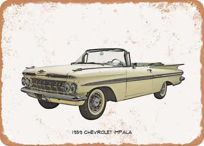 Classic Car Art - 1959 Chevrolet Impala Pencil Sketch - Rusty Look Metal Sign