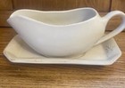 Vintage Large 2 Piece Gravy Boat Set Leaf Patten Ivory Microwave Safe 10”