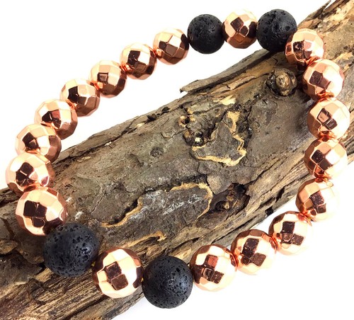 Rose gold hematite faceted and lava round beaded bracelet healing gemstone - Picture 5 of 7
