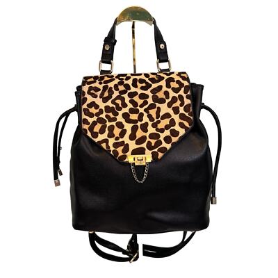 Dune London Backpack Genuine Calf Hair Leopard Print Saffiano Leather Flap  Black