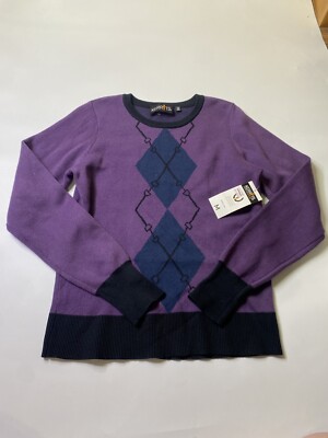 Kerrits Women M Argyle Double Diamond Sweater Equestrian Purple Preppy Academia