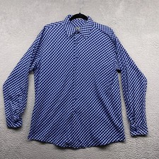 Kenneth Cole Reaction Men Button Down Shirt Blue Check Long Sleeve Collar Size L