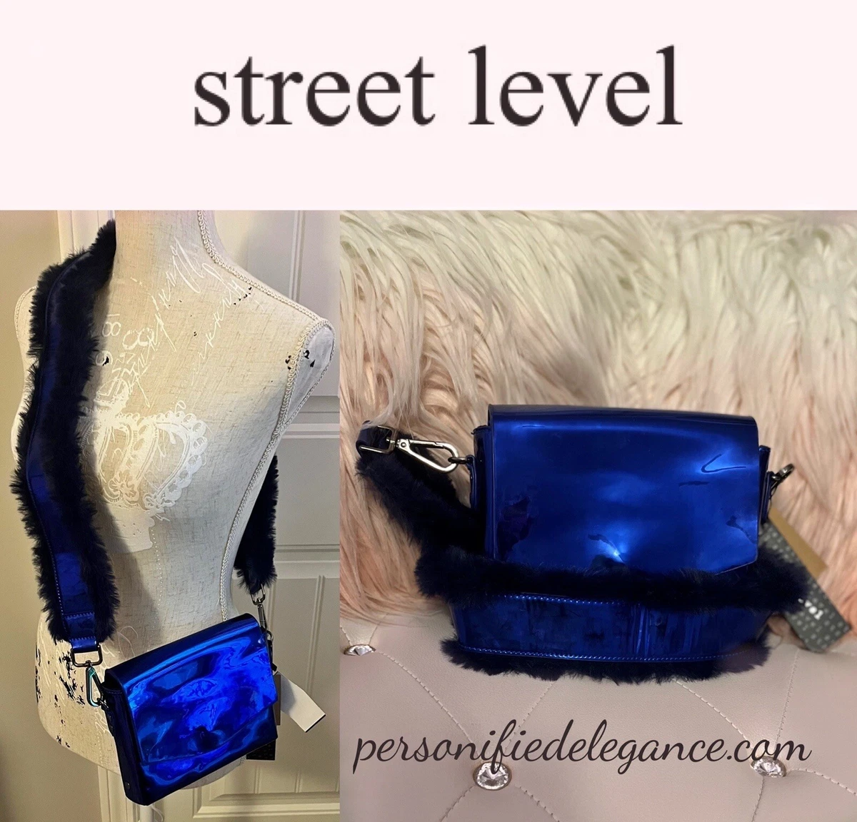 NEW Street Level Metallic Blue Faux Patent Leather Faux Fur Crossbody Bag  $68