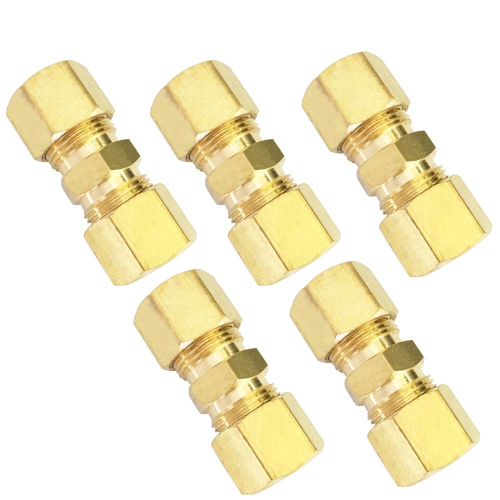 Brass Compression Tube Fitting, Union, 1/4" OD X 1/4" OD, 5Pcs