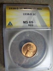 1938 D Lincoln Cent ~ ANACS MS65 RED