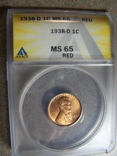 1938 D Lincoln Cent ~ ANACS MS65 RED