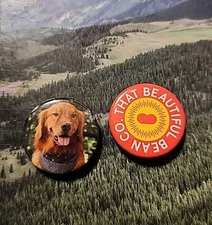 BUSH'S BAKED BEANS*(2) 1"COLLECTIBLE PINS*DUKE*ROLL THAT BEAUTIFUL BEAN FOOTAGE*