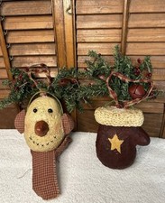 Primitive Country Snowman Head And Mitten Christmas Tree Ornaments