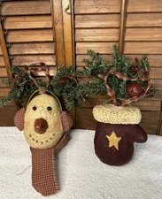 Primitive Country Snowman Head And Mitten Christmas Tree Ornaments