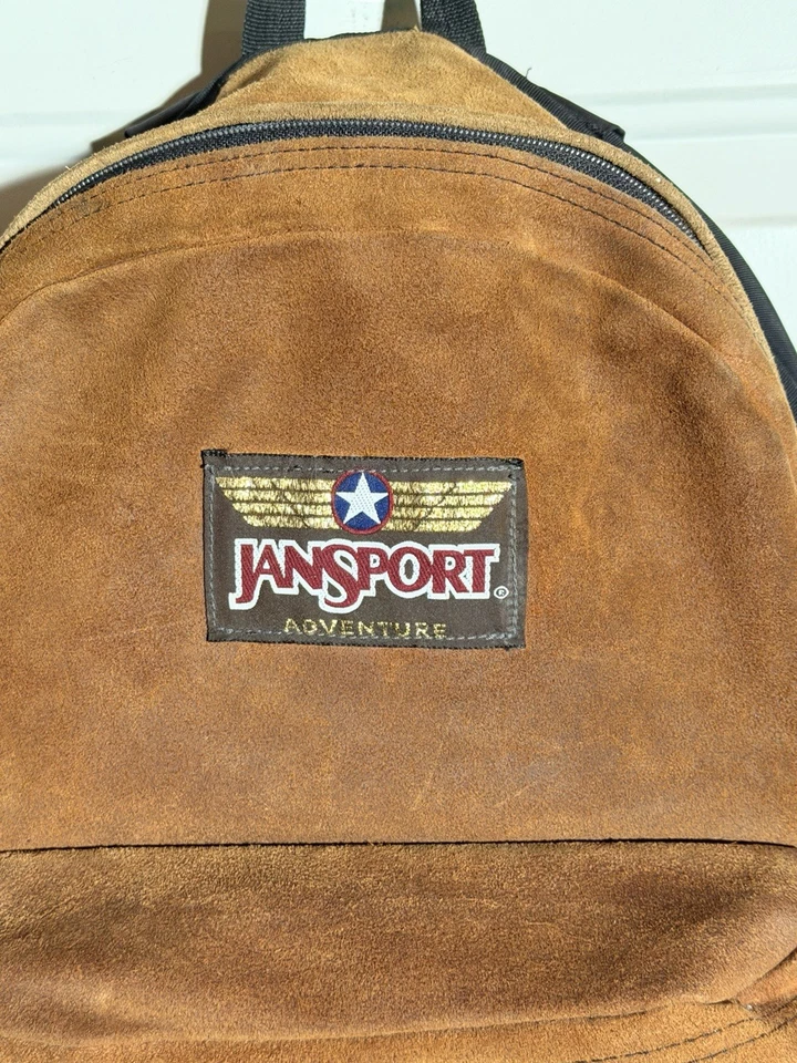 复古 Jansport 冒险背包麂皮绒皮革 15 英寸棕色 90 年代 Academia 旅行 — 第 2/4 张图片