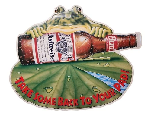 1995 Budweiser Frog Tin Sign Take Some Back To Your Pad Metal Beer Vintage Bar