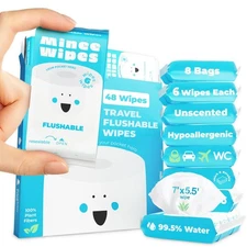 Impossibly Compact Travel Flushable Wipes - 99.5% Water and Aloe - Safe for Sens