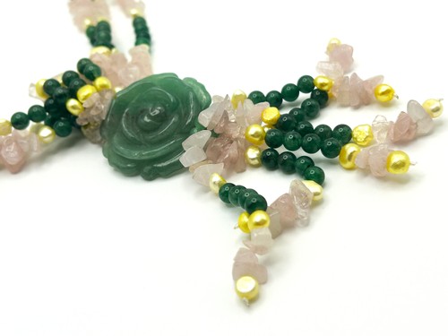 Jade, Rose Quartz, Pearl Triple Strand Necklace Carved Rose Jade Pendant