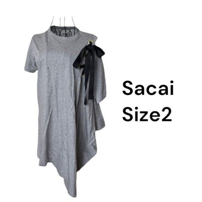 USED FINAL PRICE REDUCTION: SACAI GRAY RIBBON SHORT-SLEEVED DRESS, SIZE 2 ACCE