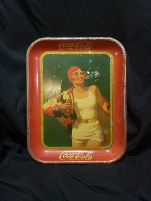 1930 Coca-Cola Metal Tray Made in USA Girl In Bathing Swim Suit Glass Bottle