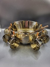 Vintage 1970s Vereco French Smoked Glass Punch Set, Bowl, 8 Cups, Ladle, Boxed