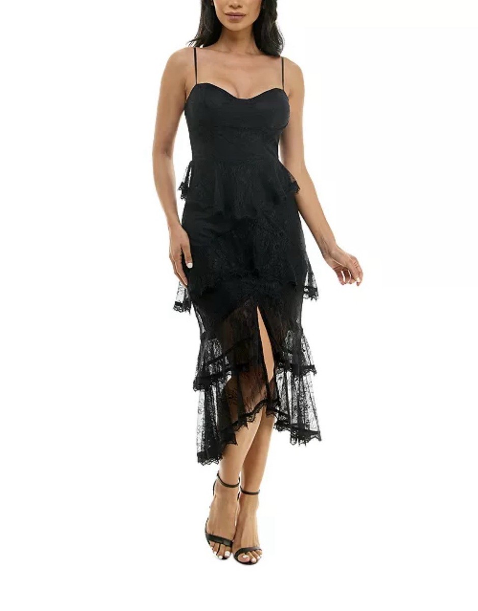 B Darlin Juniors' Sweetheart Corset Tiered-Lace Black Dress Size 11/12