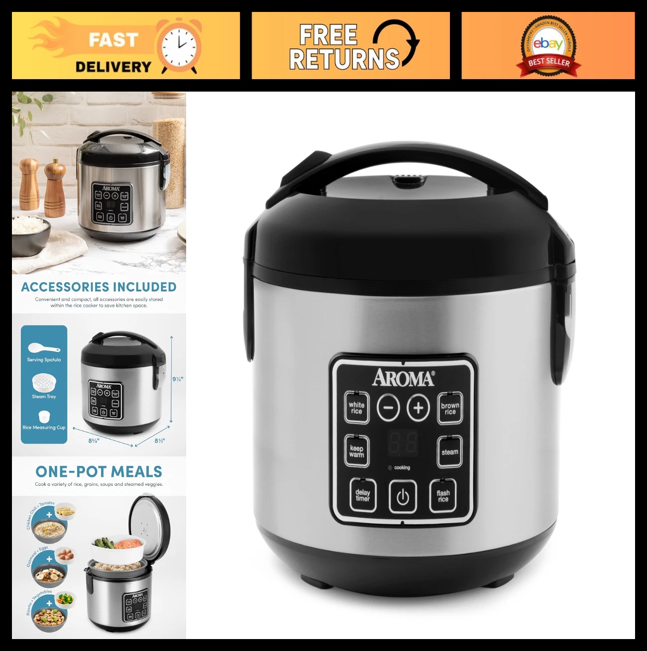 4-Cup Digital Rice Cooker & Steamer, 8-Cup Cooked, Multicooker, 2 Qt, Stainless