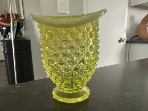 Fenton Hobnail Opalescent Vaseline Glass Uranium Vase