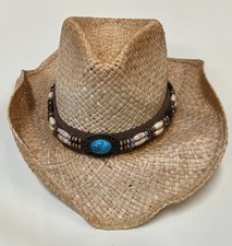Used Straw Cowboy hat Adult Medium with turquoise and wood bead band