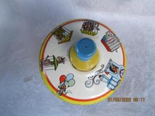 Vintage OHIO ART TIN SPINNING TOY TOP Circus Theme Blue Wood Handle WORKS