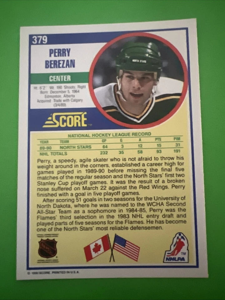 1990 Score Perry Berezan #379 Minnesota North Stars RC Rookie - Image 2 of 2
