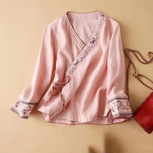 Damen Blumen bestickt Top Ethno Retro Shirt V-Ausschnitt Hanfu Cardigan Shirt Gr. - Bild 10 von 11