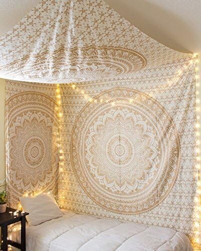 Mandala Tapestry Gold 52"x82" Indie Wall Boho White Trippy Room Art Decor NEW - Afbeelding 2 van 6