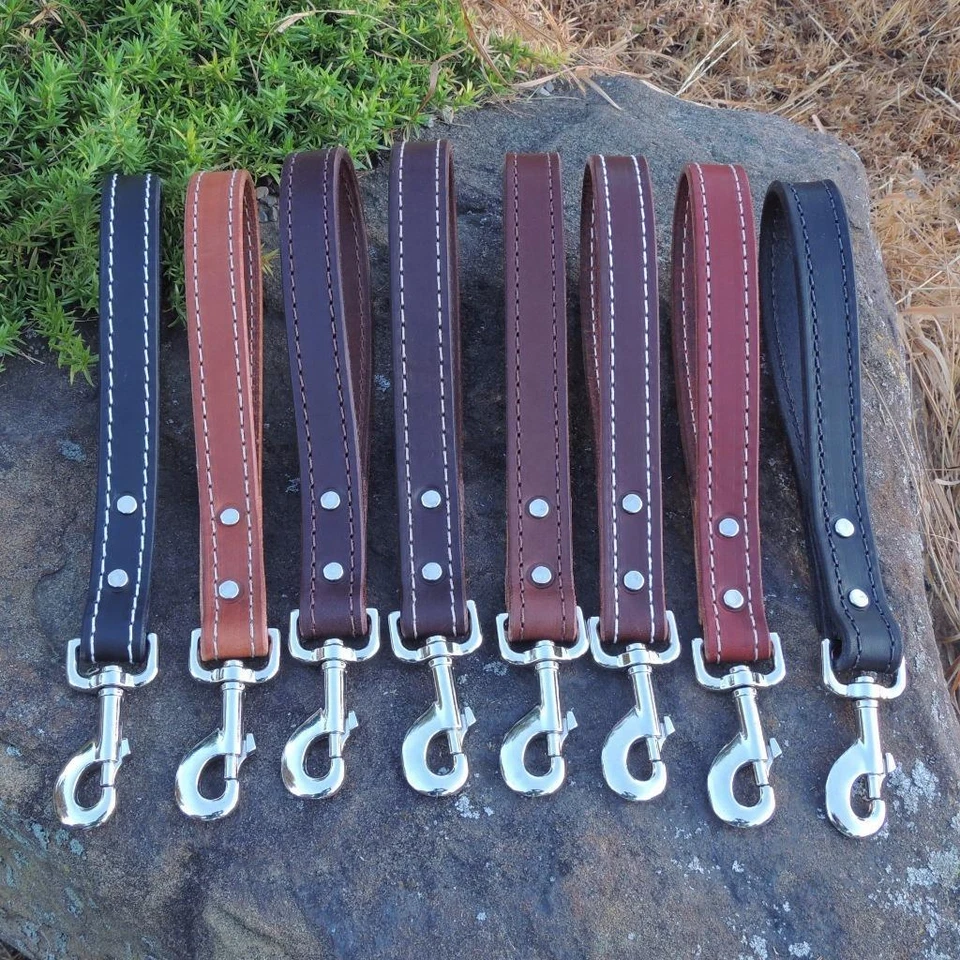 12"_CORREA DE CUERO PARA PERRO_TRÁFICO CORTO PARA MASCOTAS PLOMO_ACENTO COSIDO_AMISH HECHO A MANO Foto 2 de 4