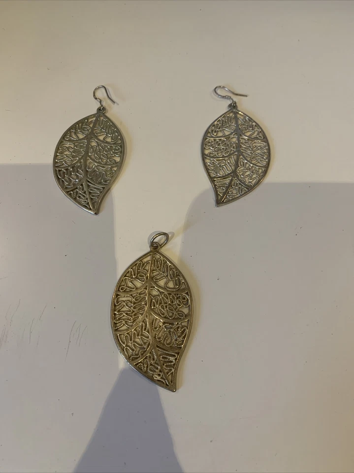 Parure Bijoux Boucles D’oreille Argent 925 Pendentif Feuille 6x3 cm - Photo 1/3