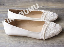 Satin White Ivory lace pearls flat ballet wedding bridal shoes bridesmaid shoes