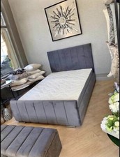 Grey Plush Velvet Line Design Panel Bed Fame With Mattress LOTS OF COLOURS