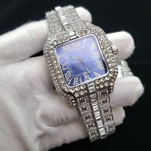 Orologio Uomo Hip Hop Lusso Completamente Ghiacciato Bling Diamante Argento Blu Quadrato - Video 1 di 1