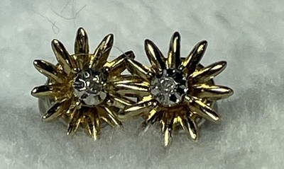 Vintage Diamond Mini Starburst 14k Gold Pierced Earrings