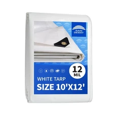 10x12 Feet 12 Mil Heavy Duty White Tarp UV Resistant, Waterproof, Poly, Grommets