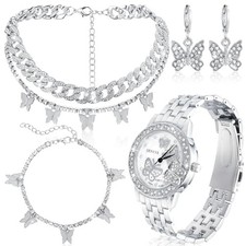 4 Pcs Butterfly Hip Hop Jewelry Set Butterfly Link Chains Bling Rhinestone