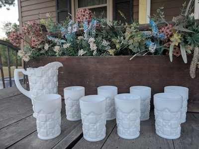 Vintage Westmoreland Old Quilt Pattern White Milk Glass (8) Tumblers & Pitcher