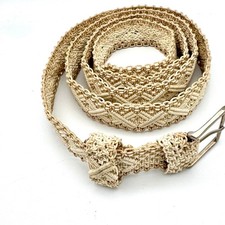 Vintage Beige Macrame Woven Belt Diamond Pattern Boho Silver Buckle 55 Inch