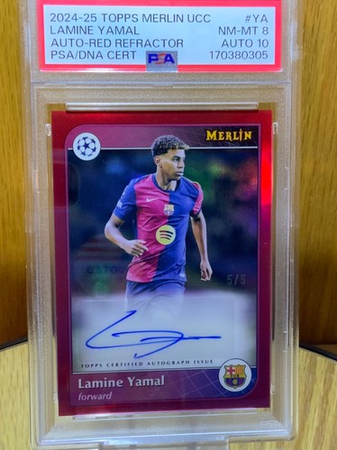 2024-25 Topps Merlin UCC Lamine Yamal Red Refractor Auto 5/5 PSA 8 Auto 10. Gem