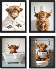 Funny Highland Cow Bathroom Wall Decor Set of 4 Canvas Prints Unframed 8x10 Inch