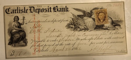 Vintage 1886 Carlisle PA Deposit Bank Check Revenue Beautiful Vignette  🎨 Art 