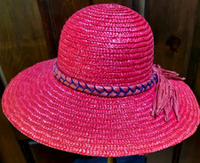 Vintage Red Straw Hat w/ Braid Trim, Wide 15", W's 7/8. 5" Crown, Beach 