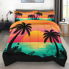 Pamnest Comforter Set King Size Beach Sunset Palm Tree 3 Pcs Soft Bedding For